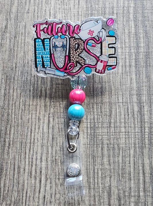 A badge reel featuring a bold design that incorporates essential medical symbols such as a stethoscope, syringe, pills, and a heartbeat.