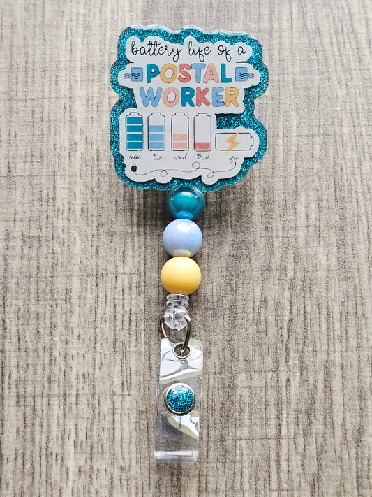Badge reel showing the battery life of a postal worker draining throughout the week.