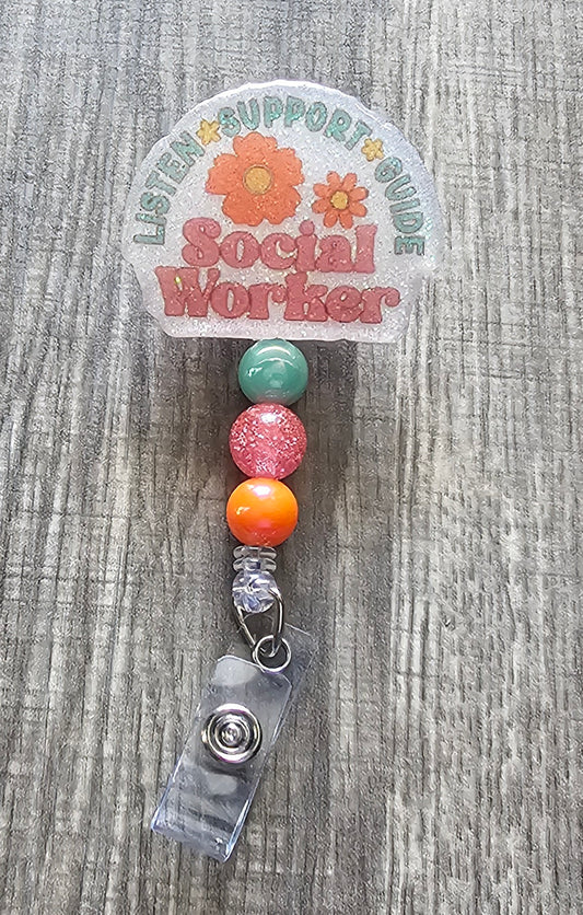 Listen, Support, Guide, Social Worker Floral Retractable Badge Reel
