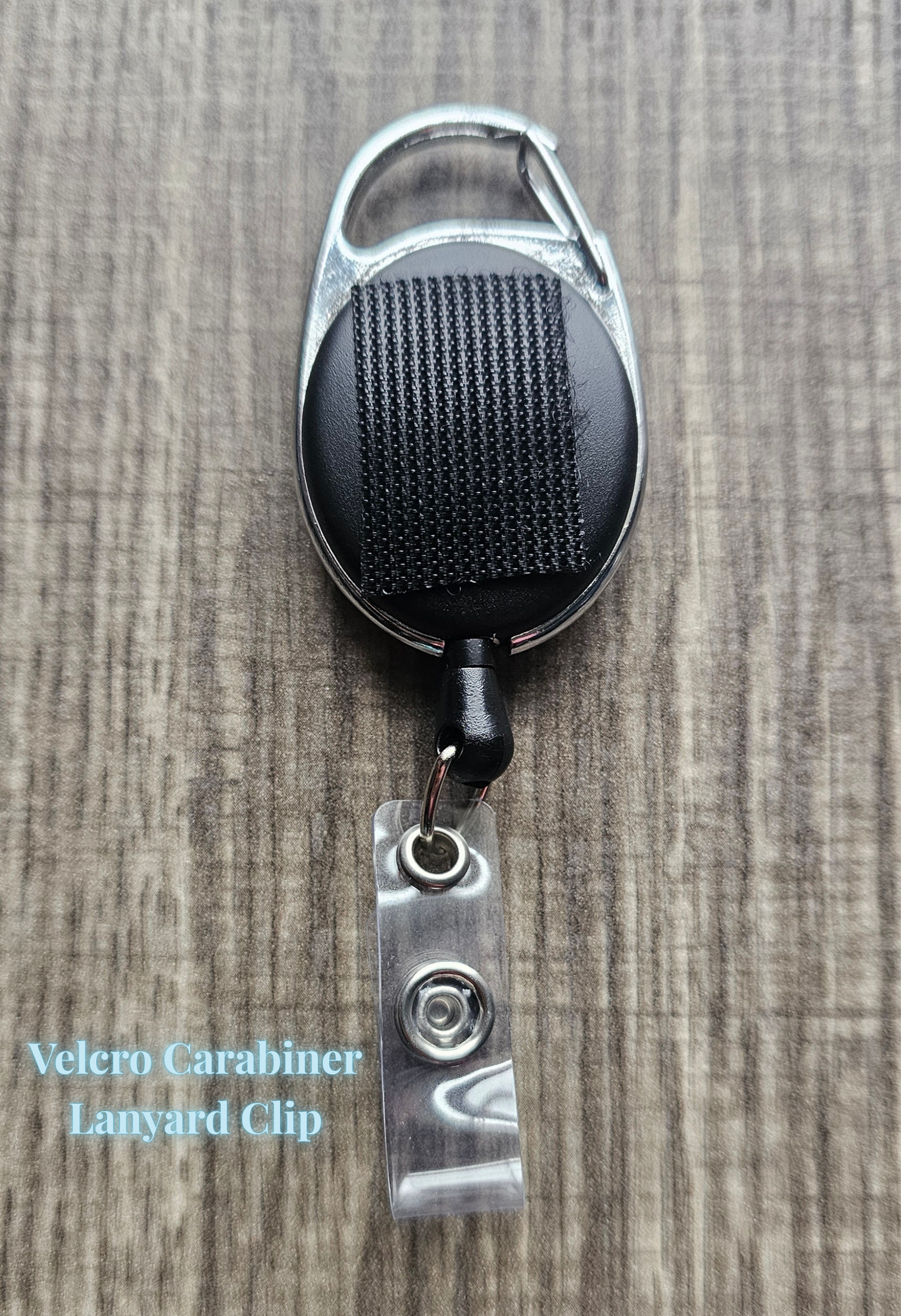 Velero Carabiner Lanyard Clip on a wooden surface
