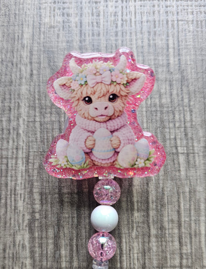Easter Highland Cow Badge Reel - Easter ID Holder