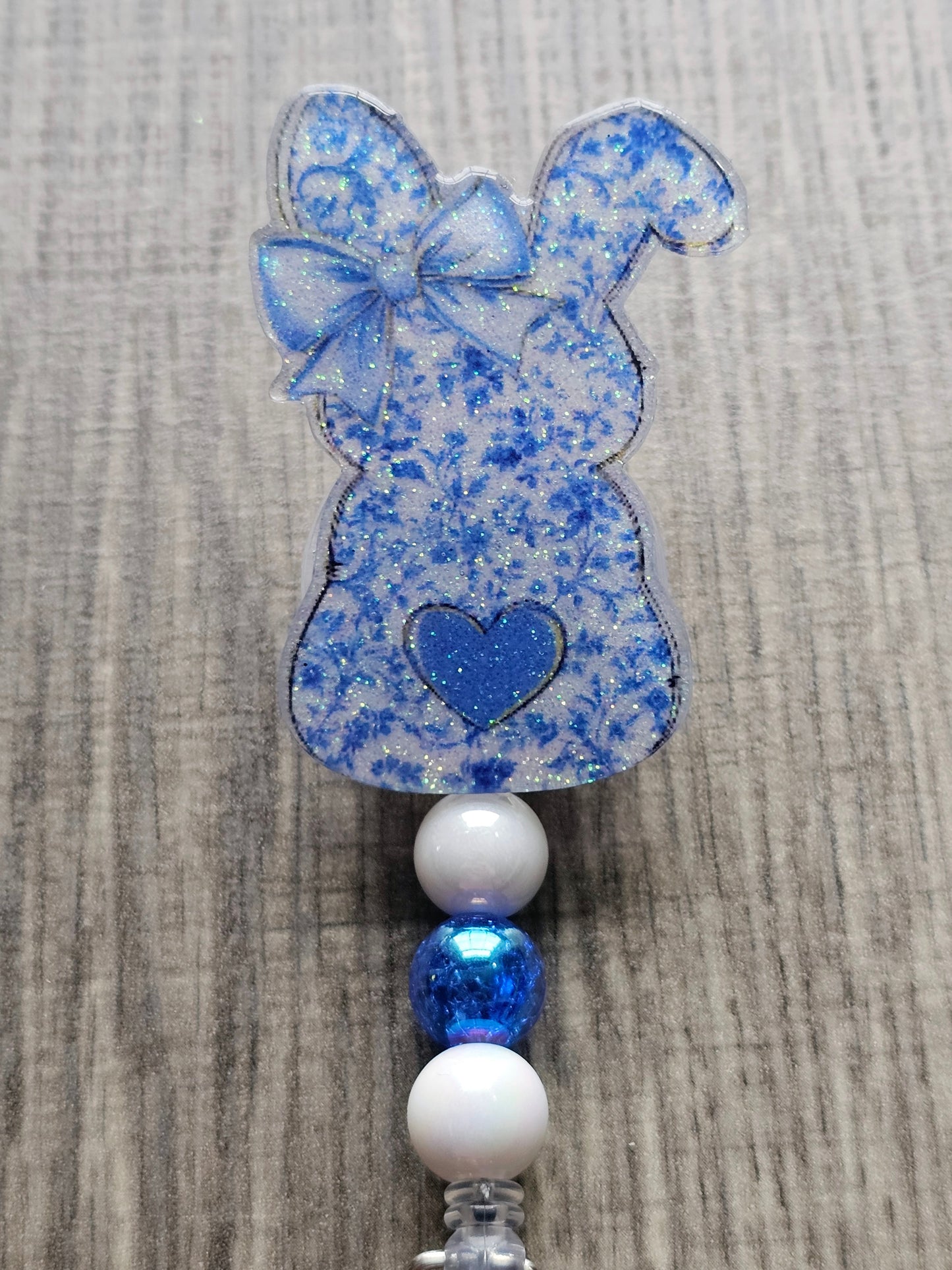 Blue & White Patterned Bunny Badge Reel