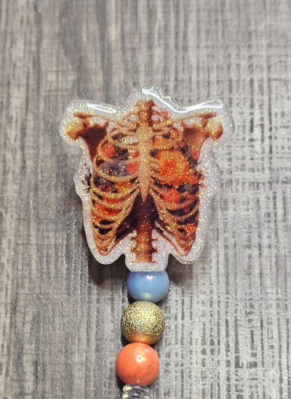Floral Ribcage Badge Reel | Anatomical Skeleton ID Holder
