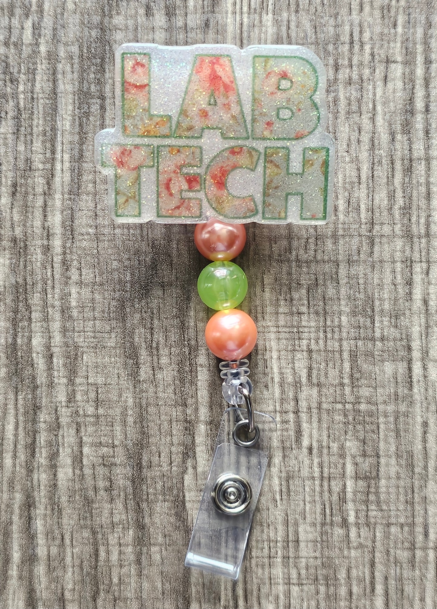 "LAB TECH" Floral Letter Retractable Badge Reel