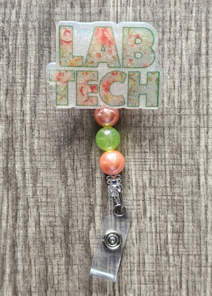 "LAB TECH" Floral Letter Retractable Badge Reel