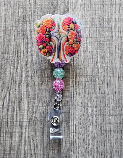 Kidney badge reel with coordinated colors and matching beads.