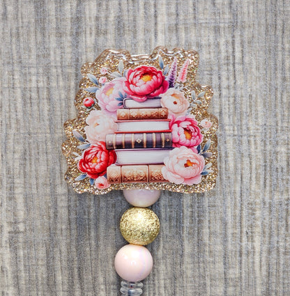 Gold Floral Book Collection Badge Reel | Beaded ID Holder