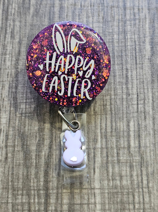  A Badge Reel with a purple background and the words Happy Easter