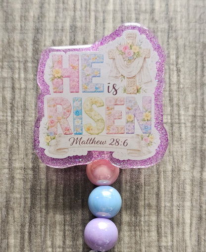 Floral He Is Risen Badge Reel | Christian ID Holder