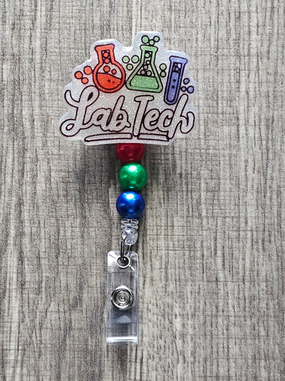 "Lab Tech" badge reel with 3 mixing glass bottles (green, red, blue bubbles).