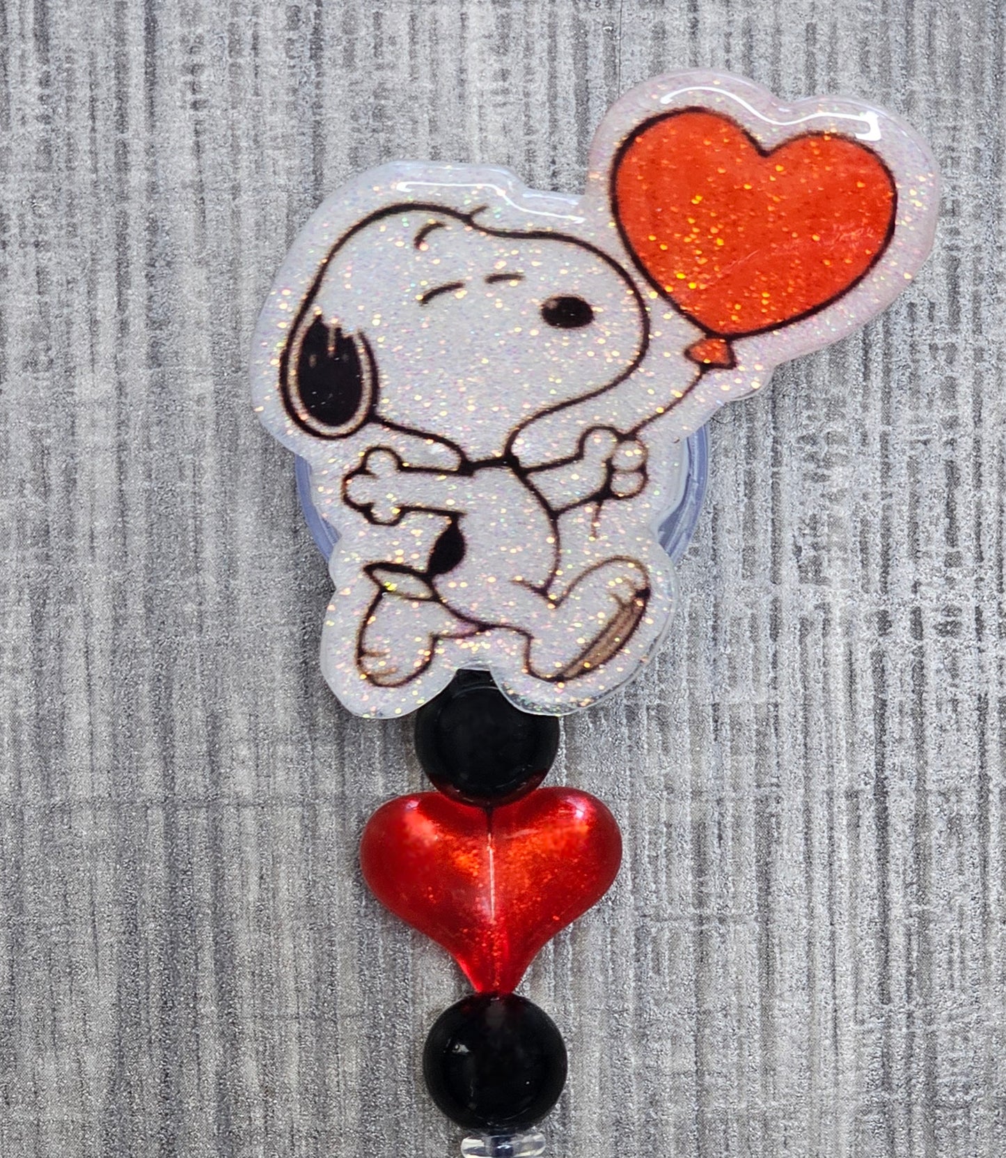 Snoopy Love Balloon Badge Reel | Red & Black Beaded ID