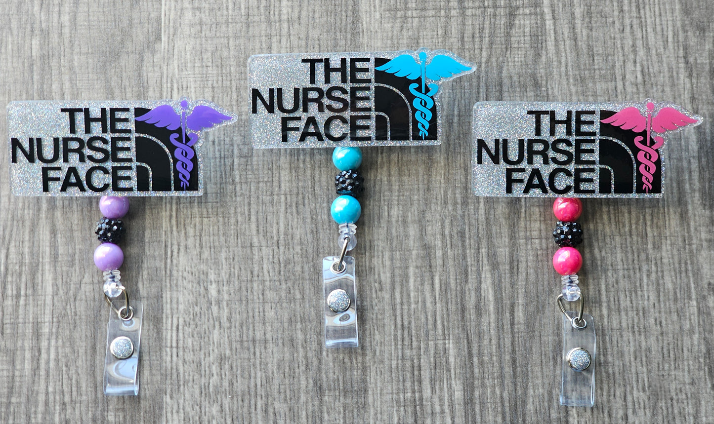 A badge reel Inspired by the design of an iconic logo, this reel creatively displays the phrase "The Nurse Face" paired with a medical caduceus available in a variety of colors.