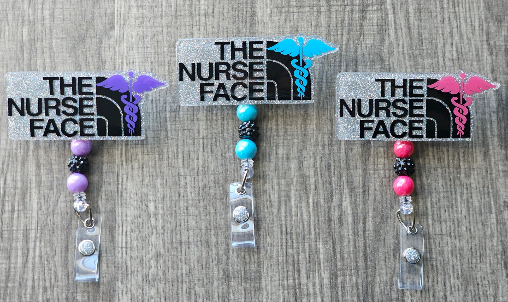 A badge reel Inspired by the design of an iconic logo, this reel creatively displays the phrase "The Nurse Face" paired with a medical caduceus available in a variety of colors.