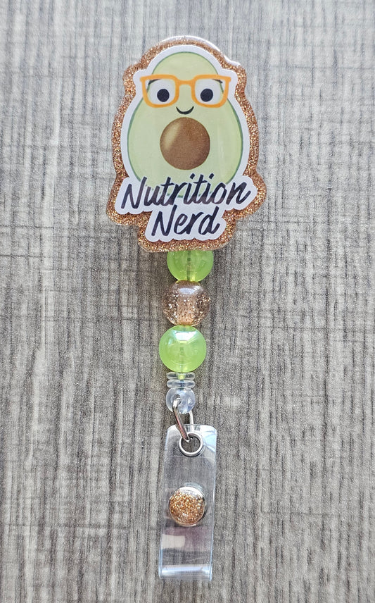 Avocado character with glasses and Nutrition Nerd text badge reel.