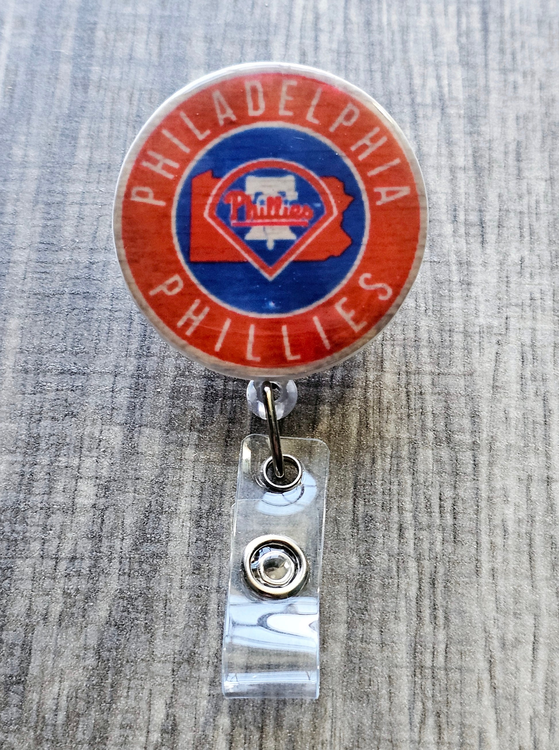 Philadelphia baseball badge reel with circular classic team logo, available in white acrylic.