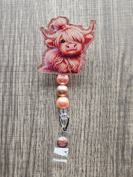 Pretty in Pink Highland Cow Badge Reel