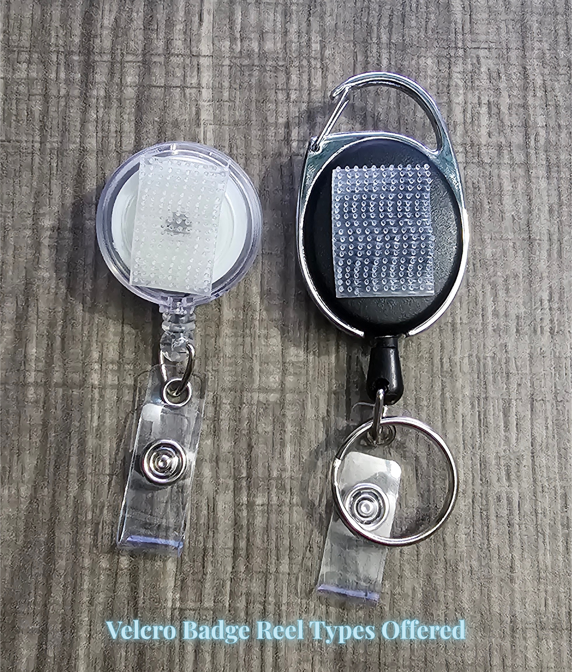 Two Velcro badge reels on a wooden surface with text indicating types offered.
