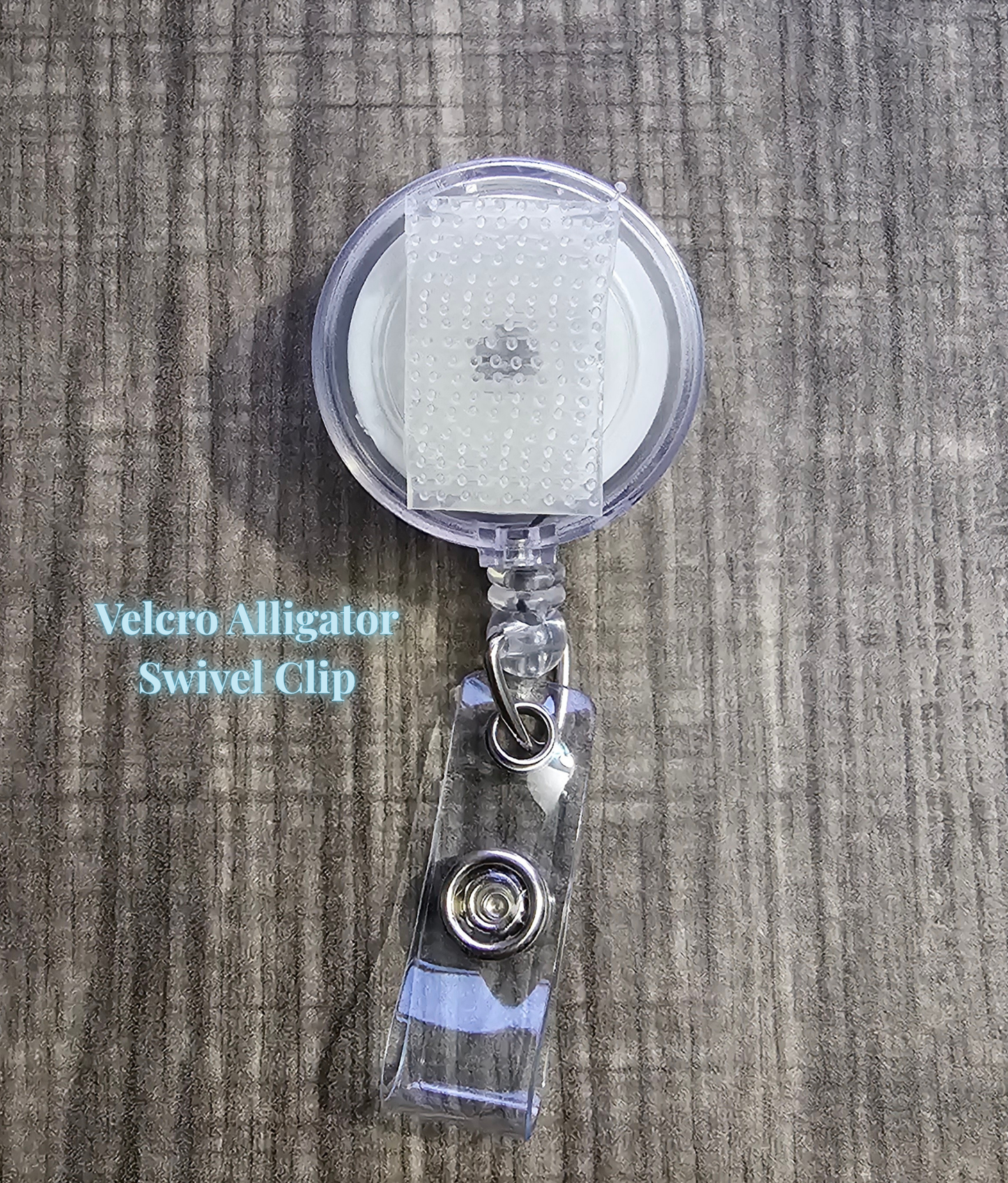 Retractable badge reels with strong Velcro attachments, featuring an alligator swivel clip design. Perfect for secure and convenient ID badge or key storage.