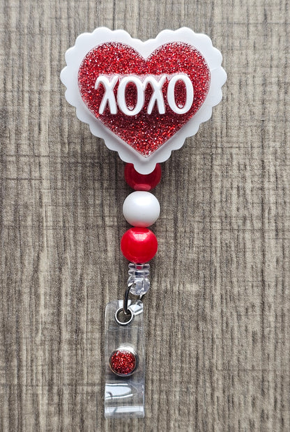 XOXO Heart Cake Badge Reel | Red Glitter Valentine ID Holder