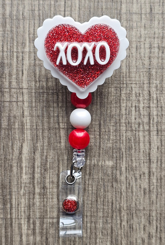 XOXO Heart Cake Badge Reel | Red Glitter Valentine ID Holder