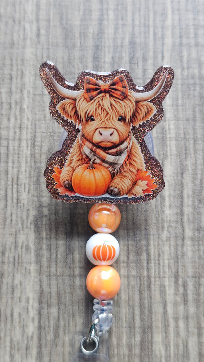 Fall Highland Cow Badge Reel | Autumn Pumpkin ID Holder